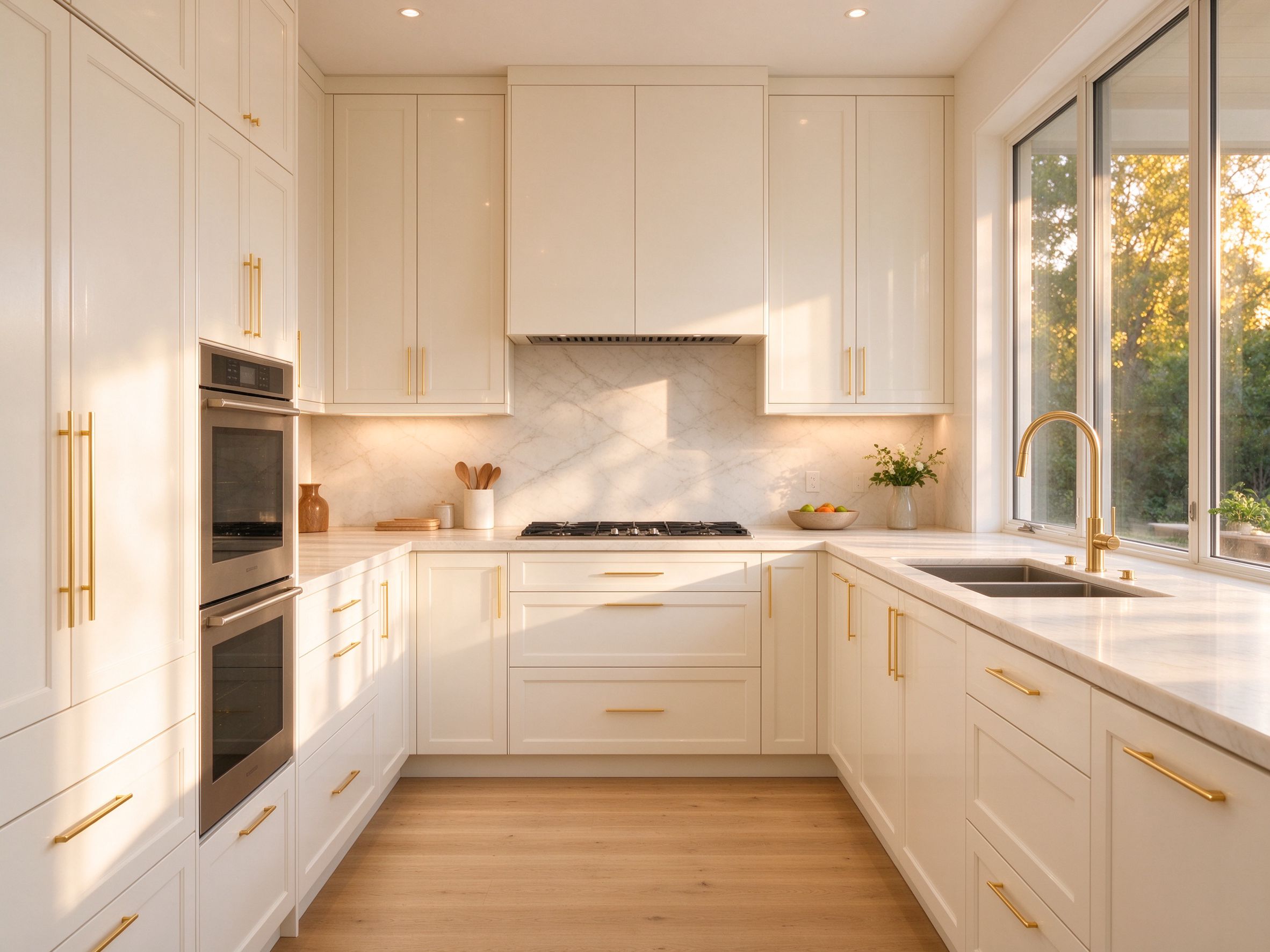 Cream lacquer kitchen with brass hardware