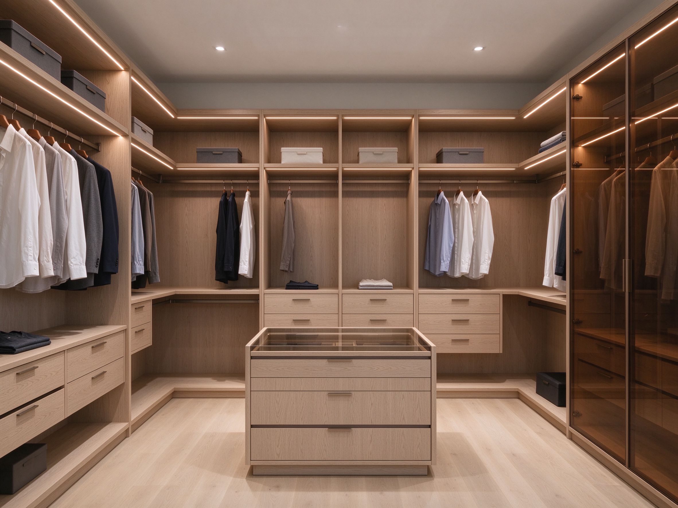Oak veneer U-shape walk-in wardrobe